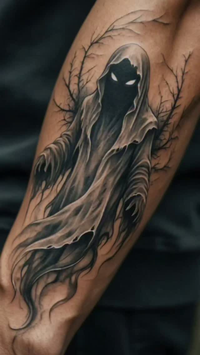 A black and grey tattoo of a hooded ghostly figure with glowing eyes on an arm.