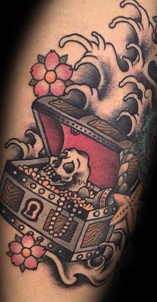 An American traditional tattoo of an open treasure chest with a skull and pearls amidst waves.