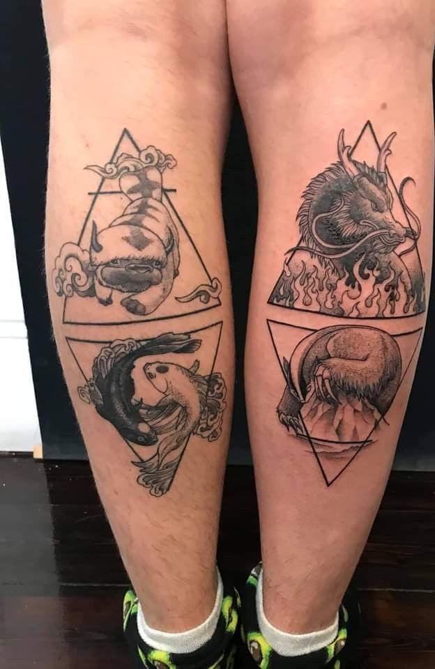 5 Avatar Elements Tattoo Ideas for a Clean, Story-Driven Design 4 Four black ink tattoos of animals with elemental symbols inside geometric triangles on legs.