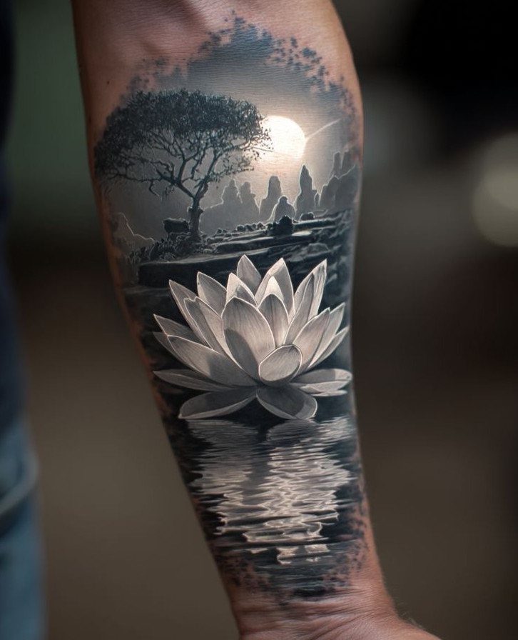 A photorealistic black and grey water lily tattoo on an arm with a landscape background.