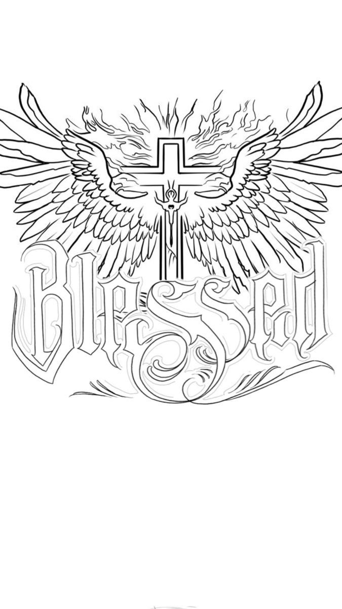 Black and white line art drawing of a winged cross with flames and the word Blessed.