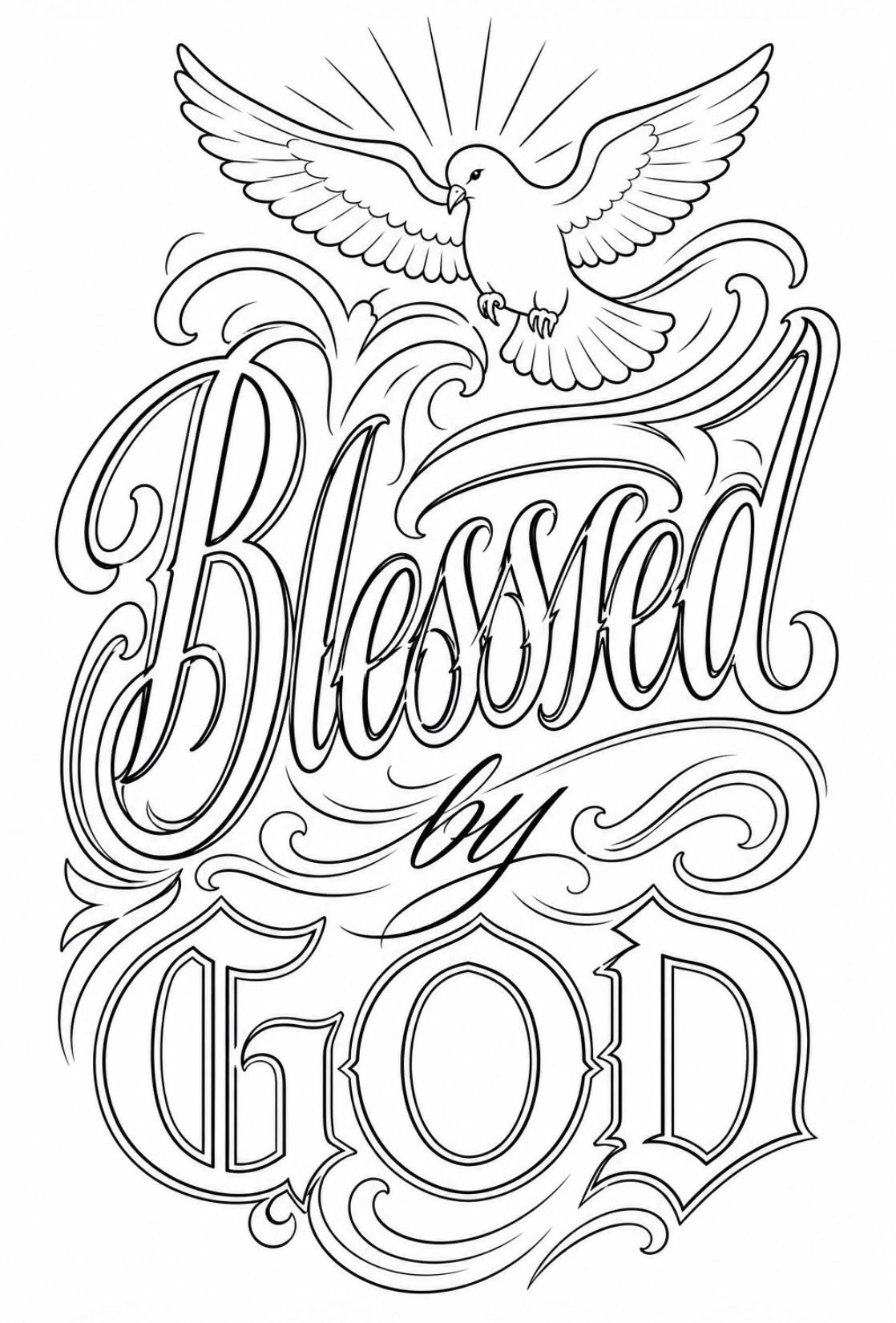 Line art drawing of a flying dove above the decorative text Blessed by God.