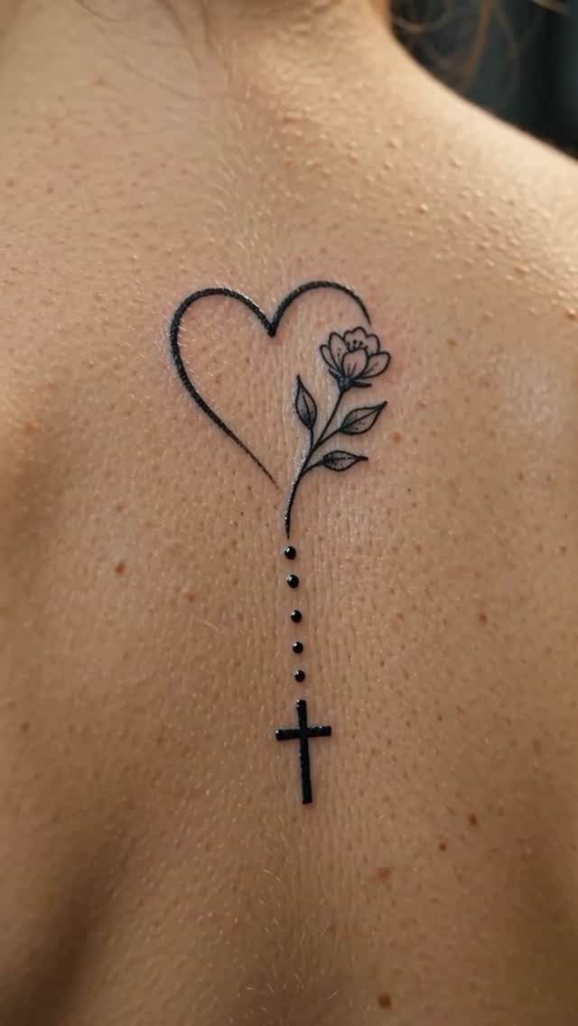 A minimalist black ink tattoo of a heart, flower, and cross on skin.
