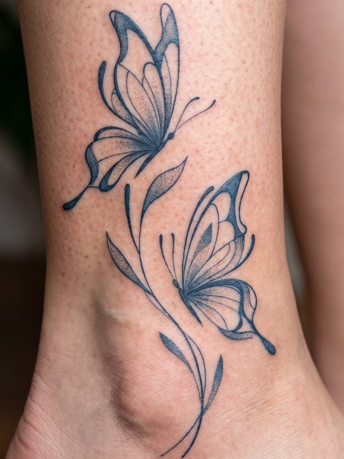 Two blue butterfly tattoos with delicate line work on a person's ankle and lower leg.