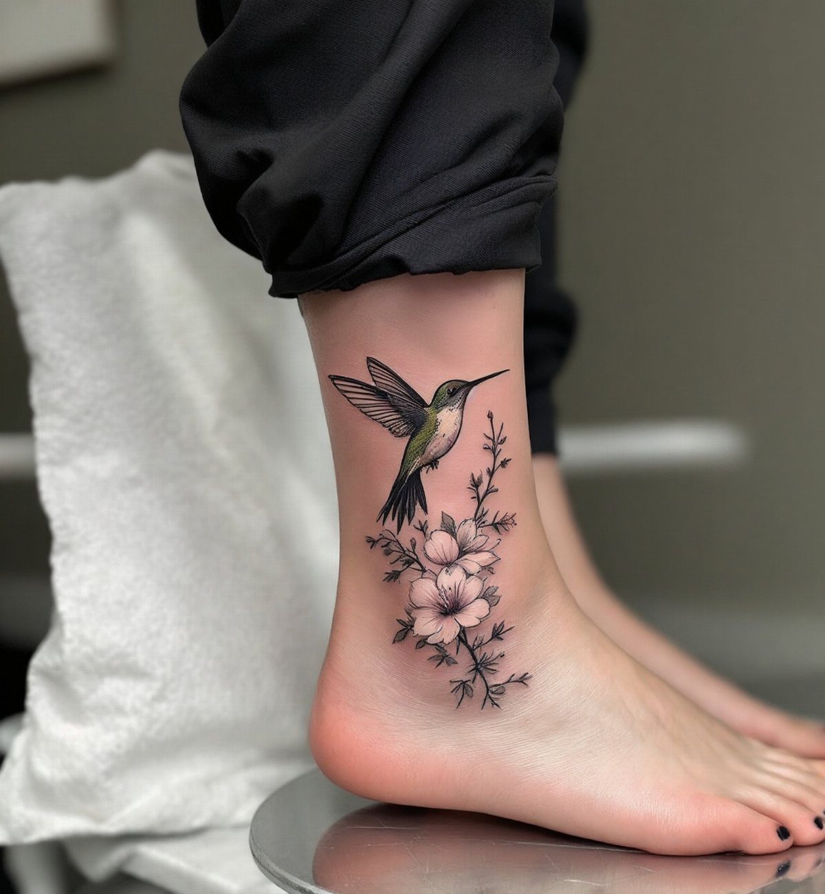 A hummingbird tattoo with floral accents on a person's ankle.