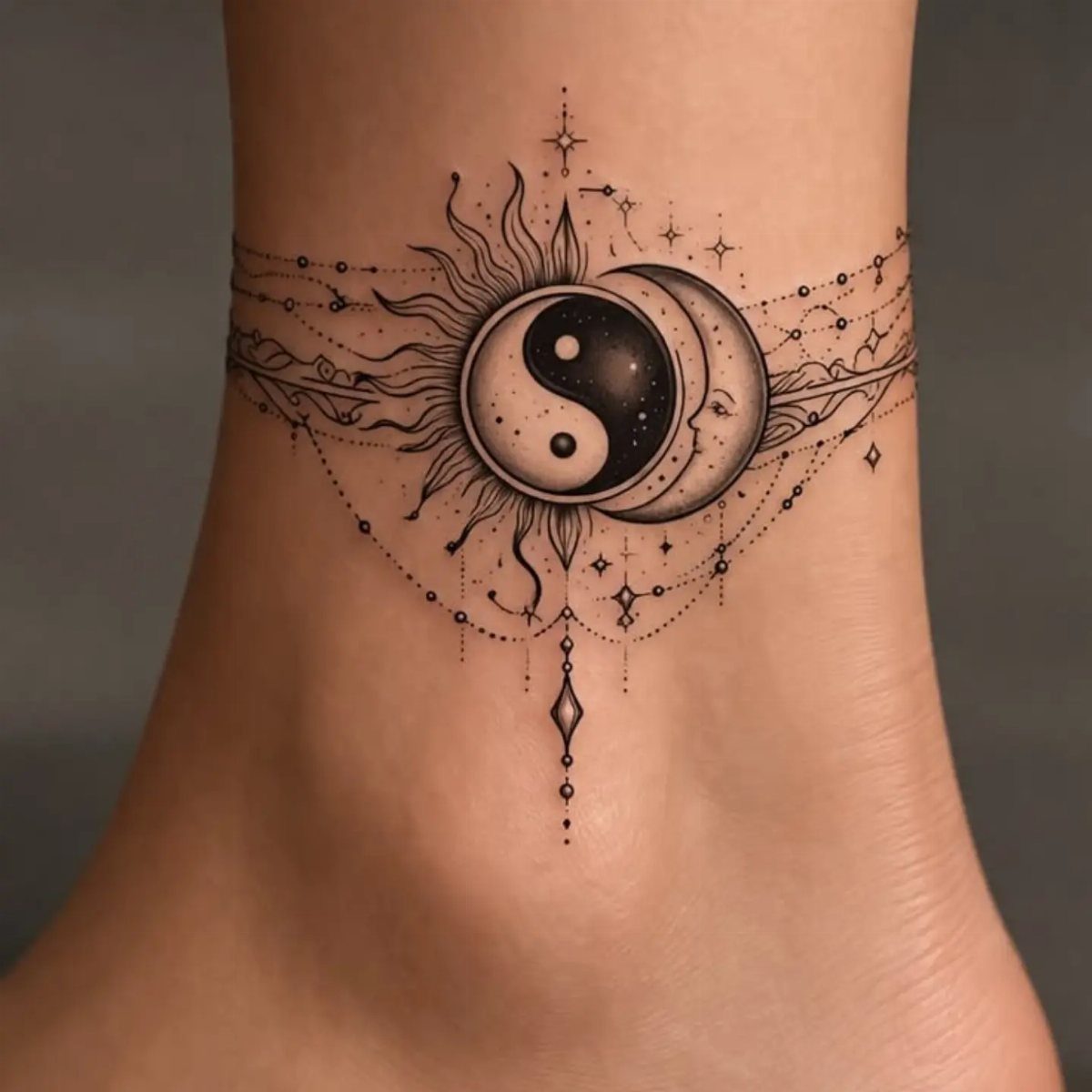 A fine line sun and moon tattoo with yin yang symbol on a person's ankle.