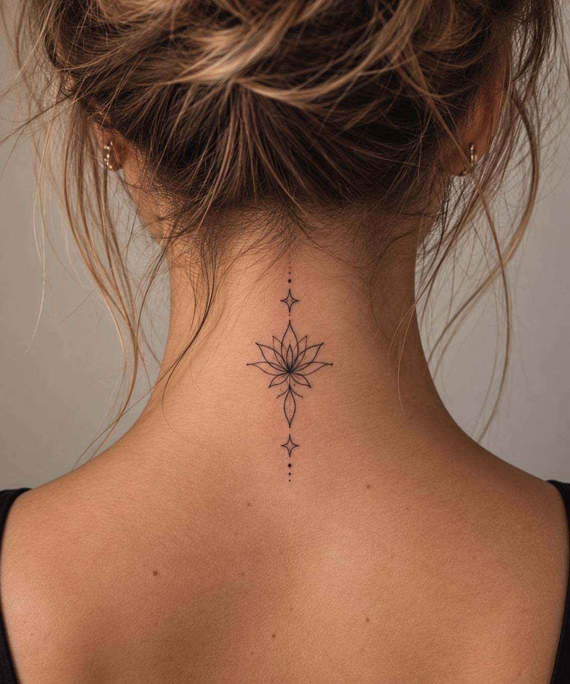 A delicate lotus flower tattoo centered on the back of a woman's neck.