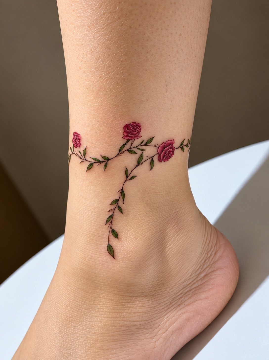 7 Feminine Ankle Tattoos for Every Style 5 A rose and vine tattoo wrapping around a person's ankle like a delicate bracelet.