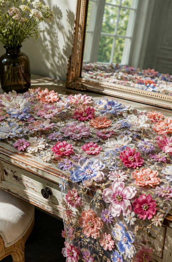 Floral Pattern Design in Textiles: Printed, Embroidered, Lace and More 3 3D floral lace fabric featuring layered colors on a textured surface.