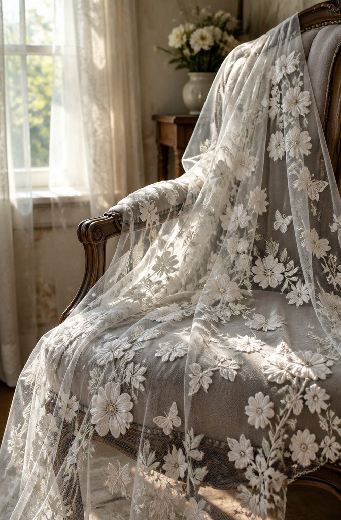 Floral Pattern Design in Textiles: Printed, Embroidered, Lace and More 2 Embroidered tulle fabric with floral motifs on a vintage chair.