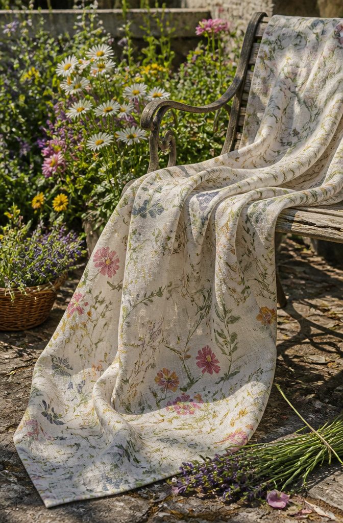 Floral Pattern Design in Textiles: Printed, Embroidered, Lace and More 6 Floral linen fabric with a wildflower design cascading from a bench.