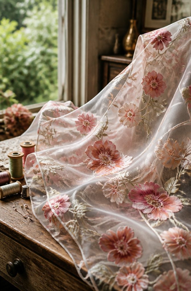 Floral Pattern Design in Textiles: Printed, Embroidered, Lace and More 4 Translucent floral organza fabric showcasing a printed rose design.