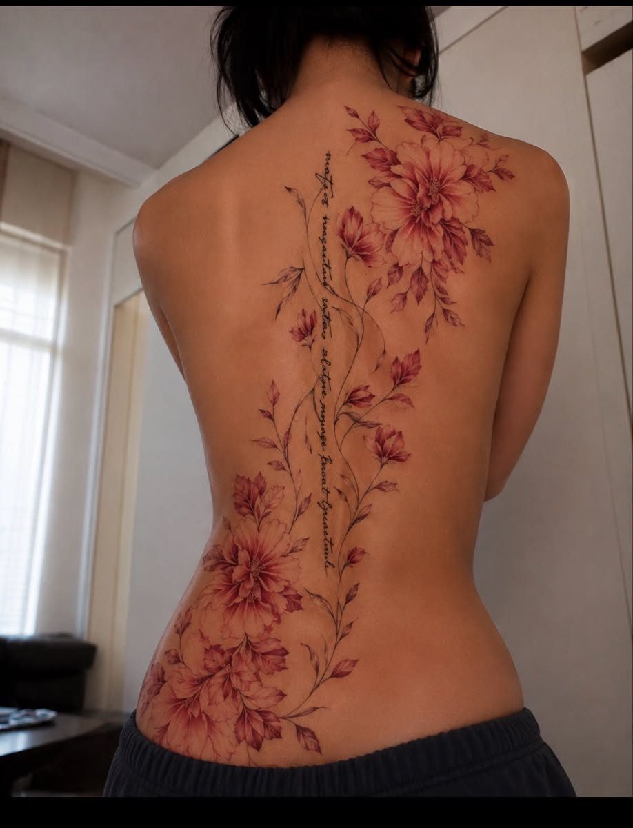 A woman's back displaying a large vertical tattoo of reddish-pink flowers and delicate vines.