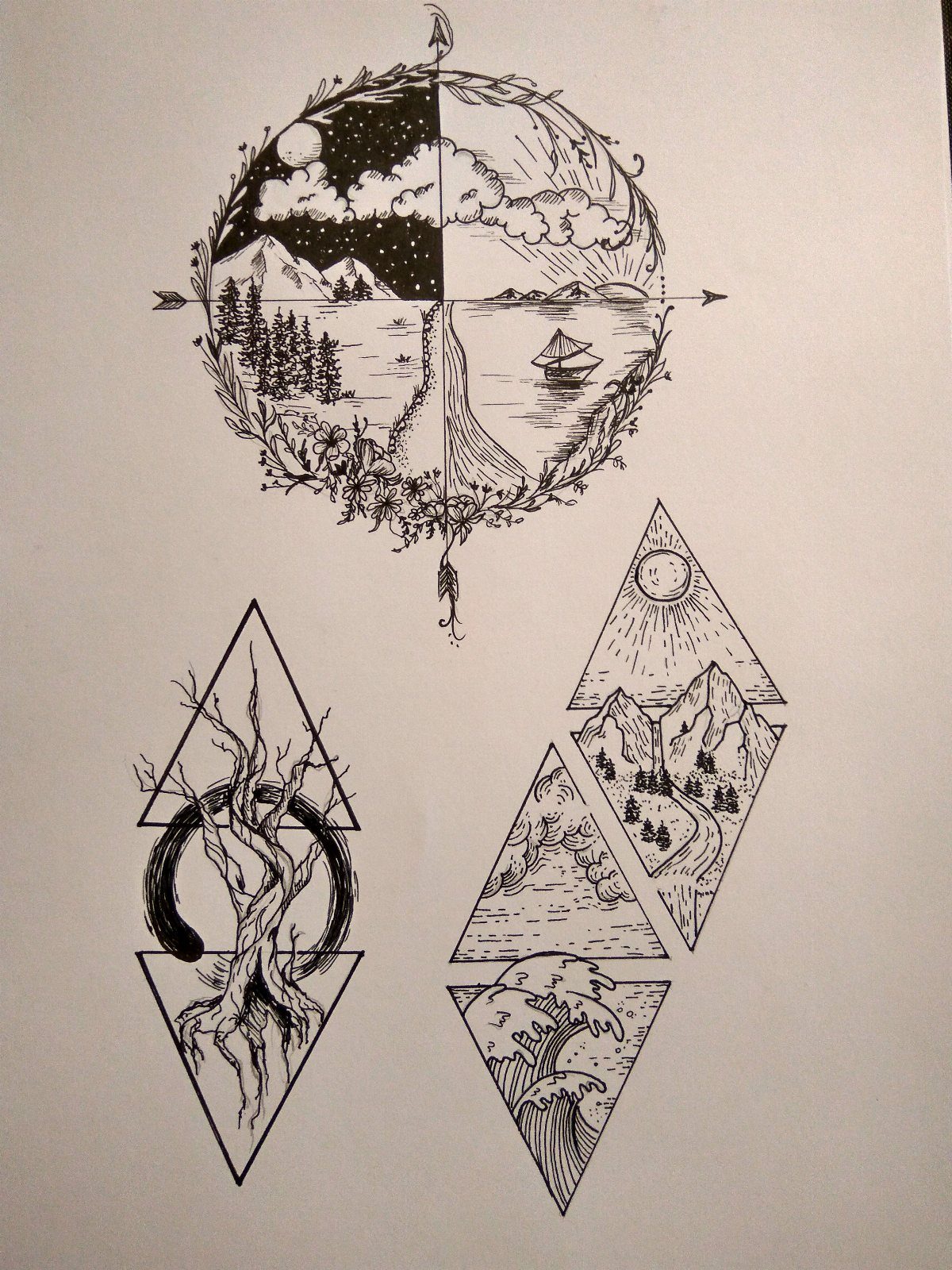 Four Elements Tattoo Design: 7 Styles That Hold Their Own 4 Black ink line art tattoo designs featuring circular and triangular landscape scenes with mountains, trees, and waves.