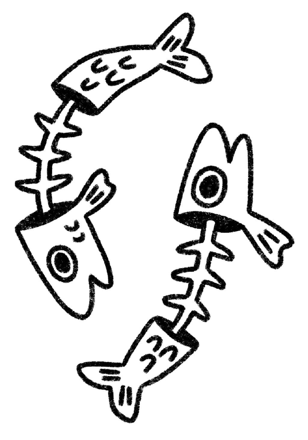 8 Funky Tattoo Flash Designs Worth Having Your Artist Draw 4 Two black and white hand-drawn fish skeleton illustrations arranged in a circular shape on white.