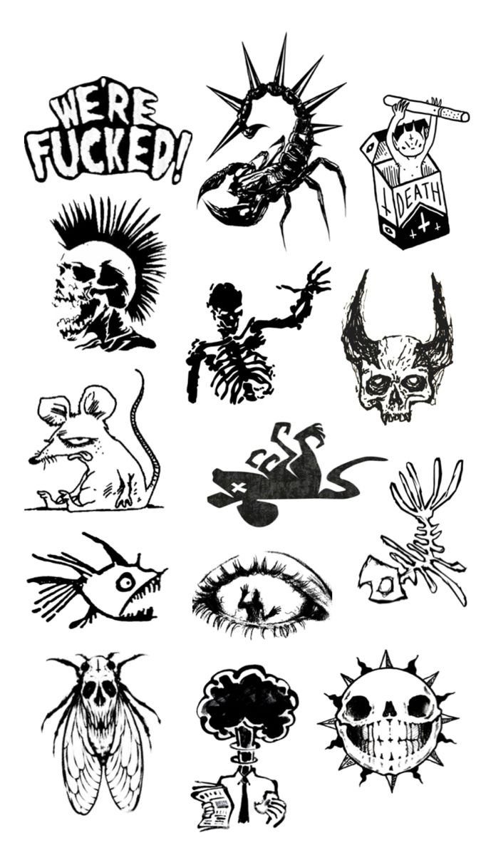 8 Funky Tattoo Flash Designs Worth Having Your Artist Draw 2 Black and white hand-drawn tattoo flash illustrations featuring skulls, a scorpion, a mouse, and various creatures.