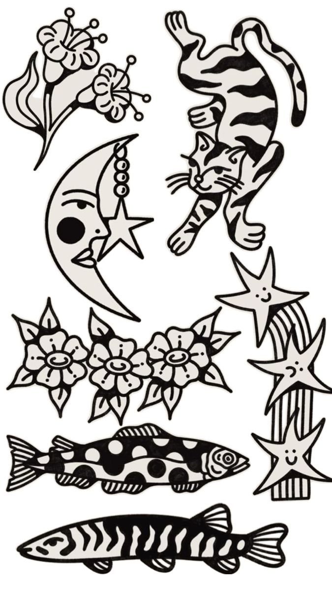 8 Funky Tattoo Flash Designs Worth Having Your Artist Draw 1 Black and white tattoo flash drawings of a moon, stars, cat, flowers, and fish.
