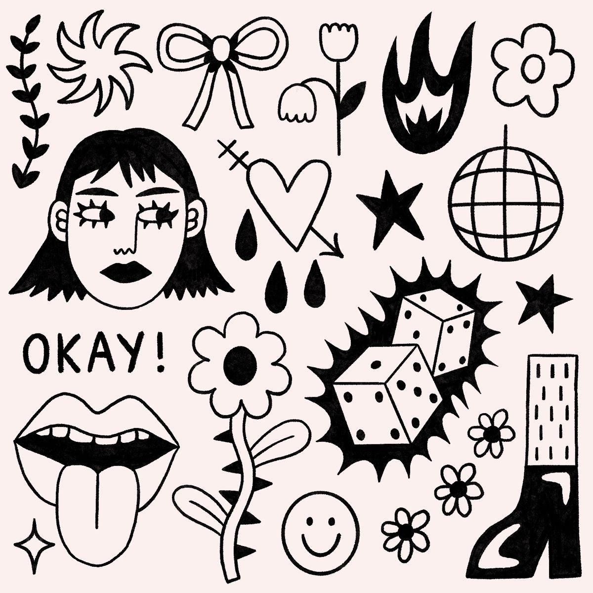 8 Funky Tattoo Flash Designs Worth Having Your Artist Draw 5 Black ink line drawings of various doodles including a face, flowers, dice, and a disco ball on pink.