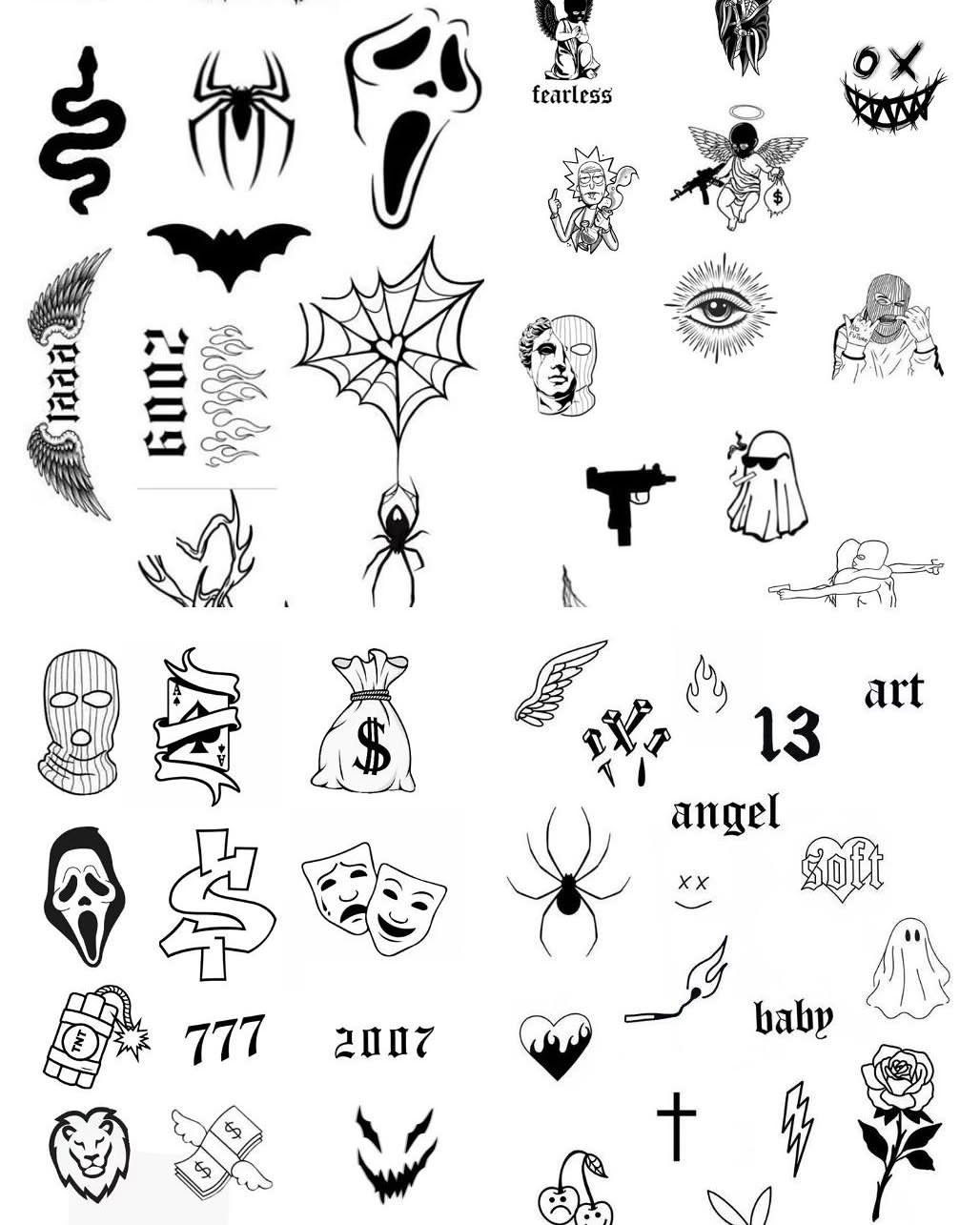 8 Funky Tattoo Flash Designs Worth Having Your Artist Draw 8 Various black ink tattoo flash designs including spiders, skulls, and symbols on a white background.