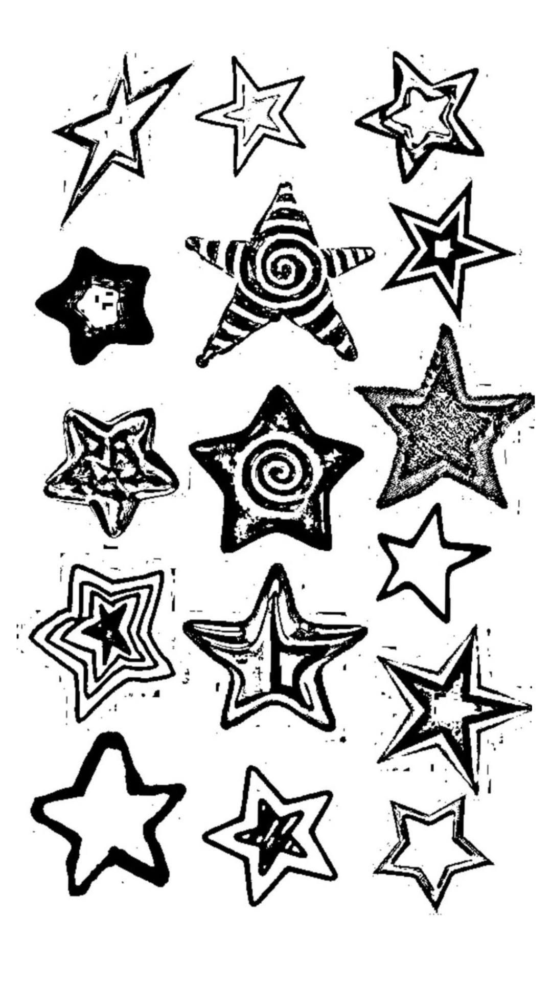 8 Funky Tattoo Flash Designs Worth Having Your Artist Draw 6 Hand-drawn black ink stars with various patterns like swirls and stripes on a white background.