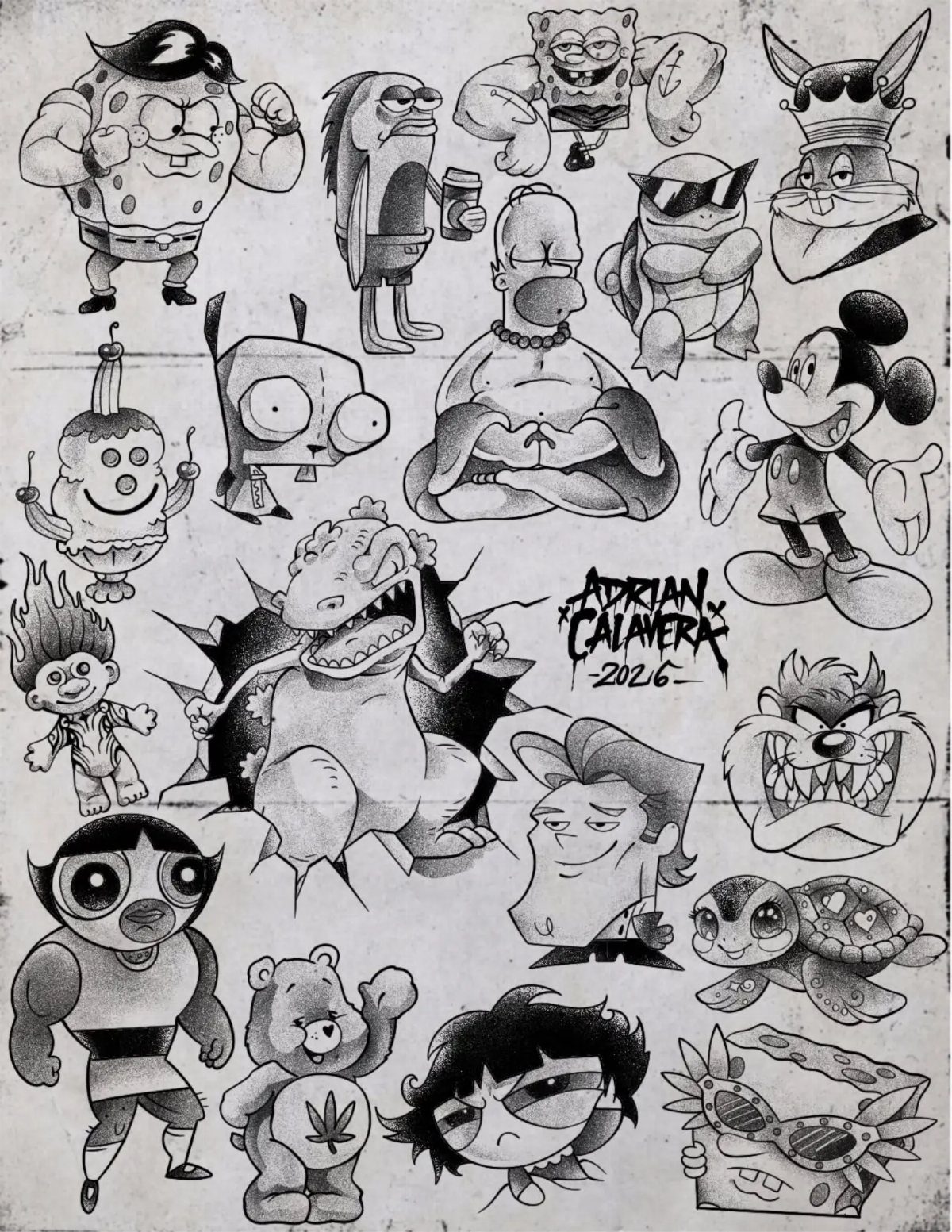 8 Funky Tattoo Flash Designs Worth Having Your Artist Draw 7 Black and white cartoon tattoo flash drawings of various characters on a textured paper background.