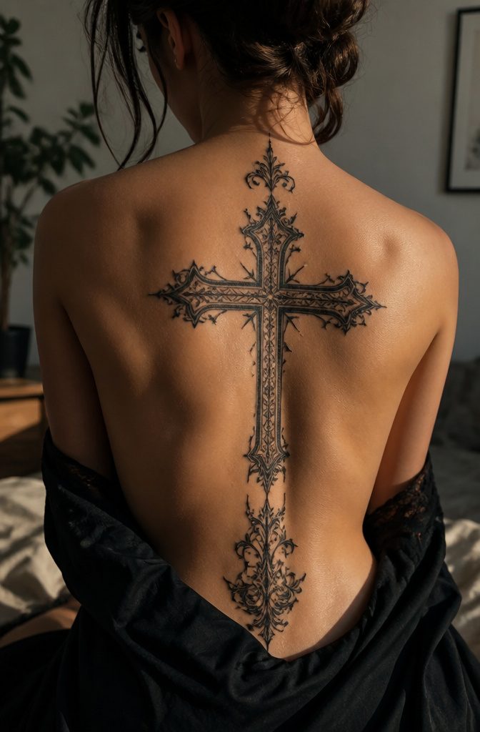 A gothic cross tattoo inspired by medieval architecture.