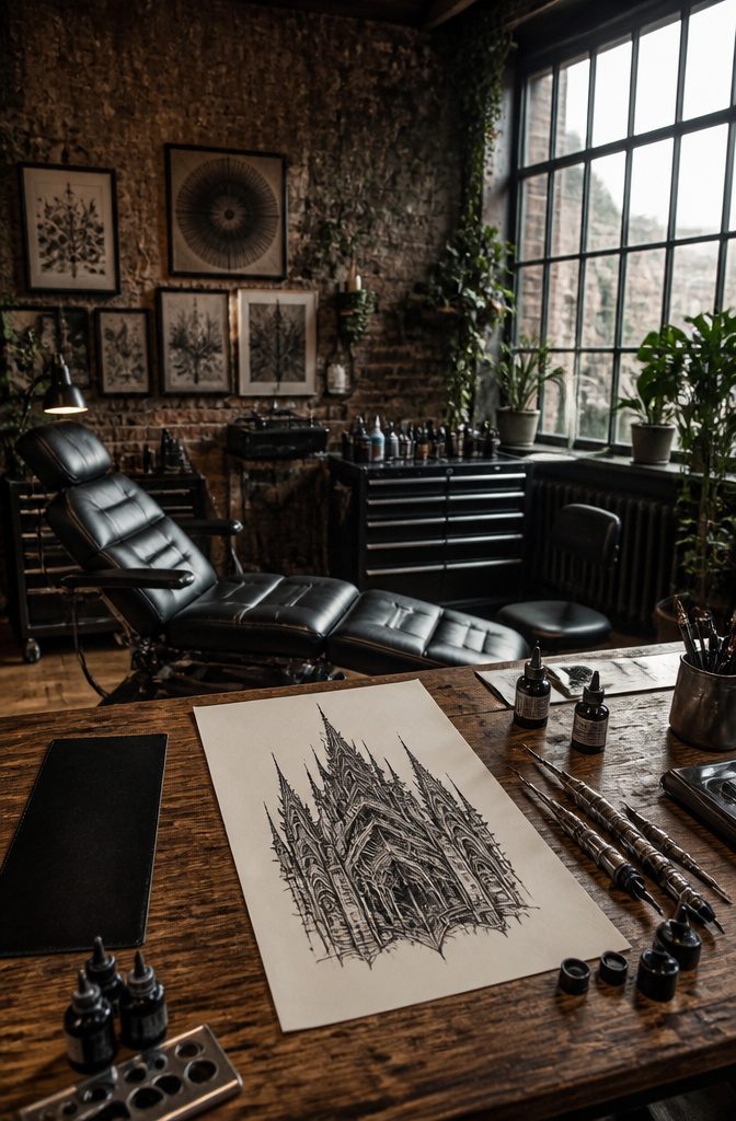 A tattoo featuring pointed arches and flying buttresses.