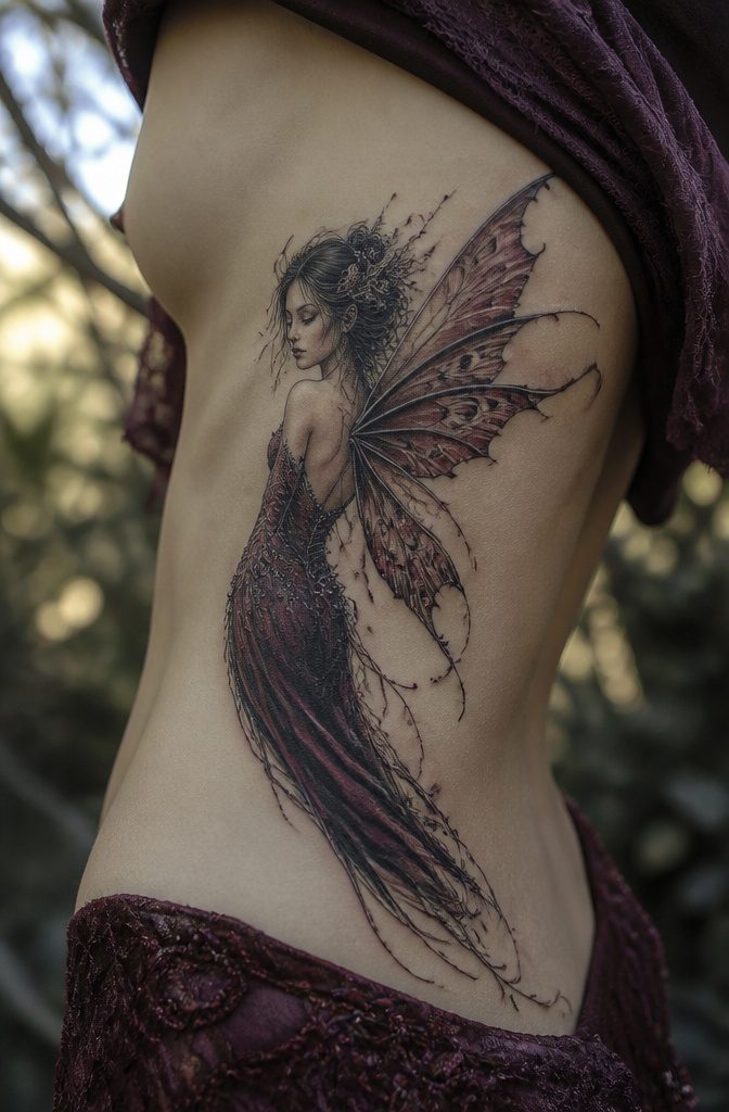 A gothic fairy tattoo with moth wings and a Victorian-style dress.