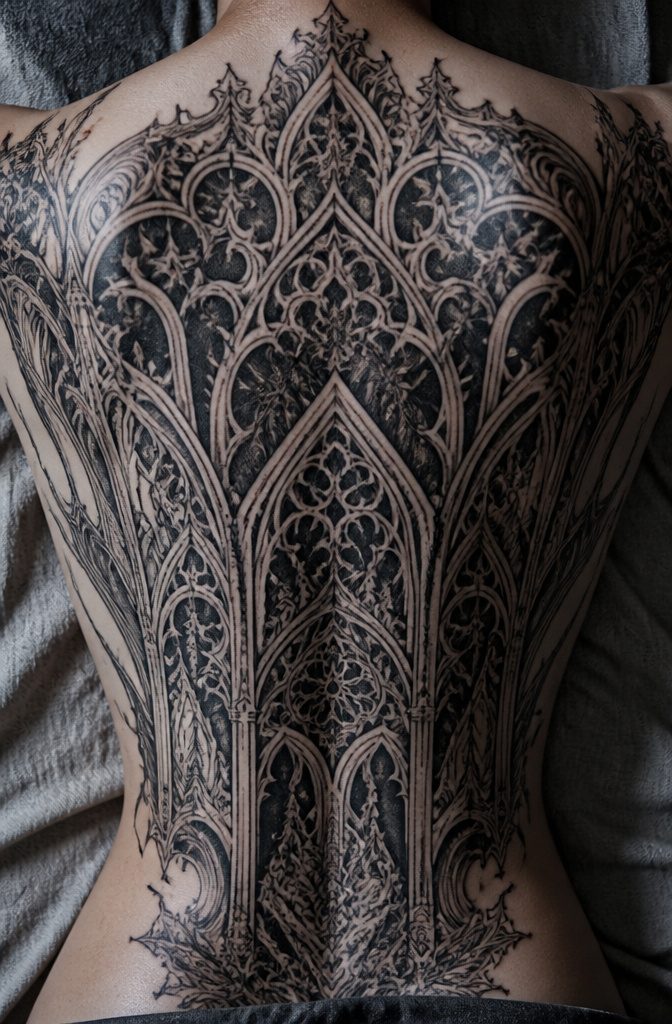 A detailed back tattoo with black and filigree patterns.