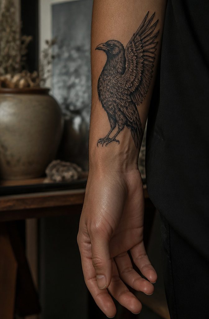 A tattoo of a raven and bats with heavy shadowing.