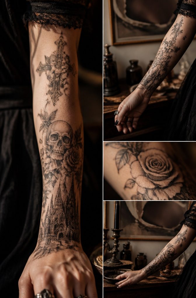 Various gothic tattoos representing personal stories and emotions.