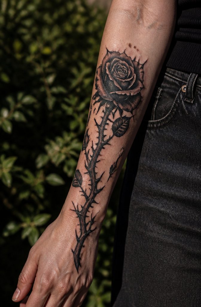A gothic rose tattoo in black ink with thorns and faded petals.