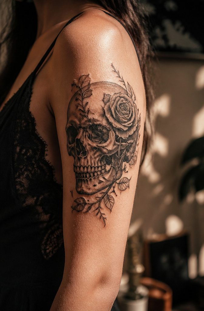 A skull tattoo in black and grey ink with fine linework.