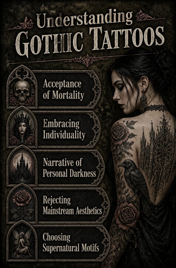 A tattoo showcasing elements of gothic architecture and dark themes.