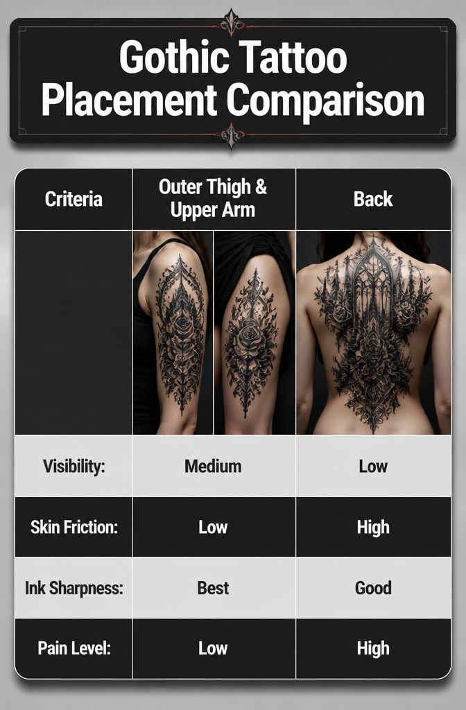 A comparison of different placements for gothic tattoos on the body.
