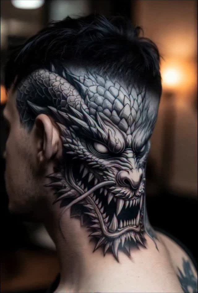 Japanese Dragon Tattoos: 19 Designs With Meaning and Style 8 A detailed black and grey dragon head tattoo on a man's shaved head and neck.