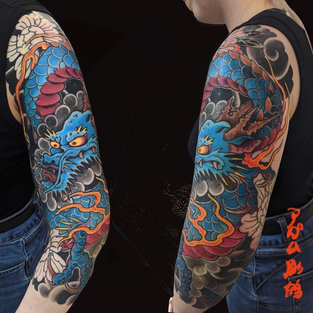 Japanese Dragon Tattoos: 19 Designs With Meaning and Style 6 Two views of a person's arms featuring large, colorful Japanese dragon sleeve tattoos.