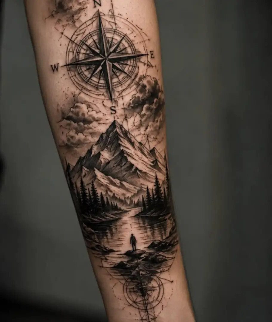 10 Mountain Landscape Tattoo Ideas For Your Next Ink 5 A detailed black and grey tattoo of mountains, a forest, and a river on a person's arm.