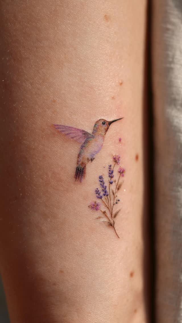 A hummingbird and lavender sprig tattoo on a person's skin.