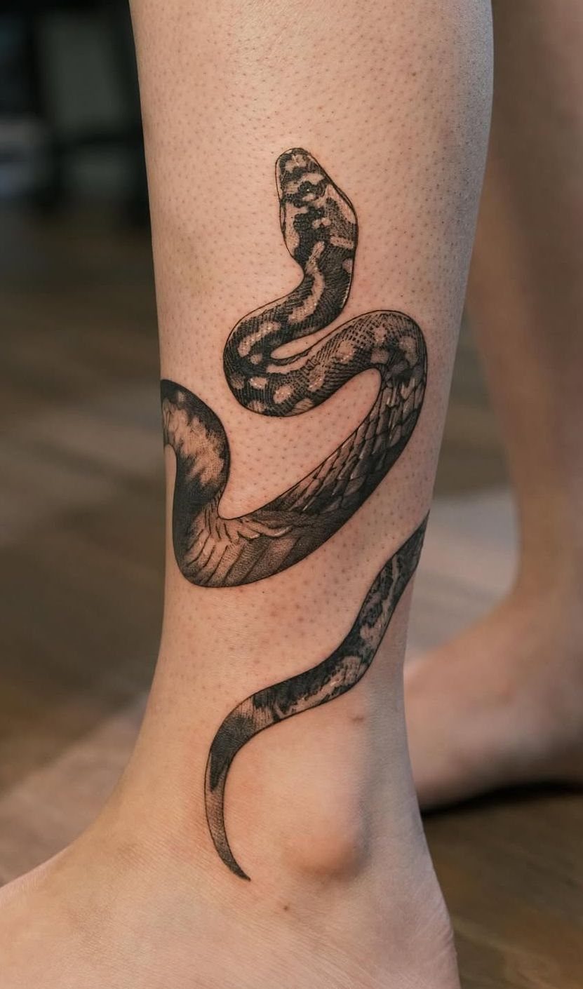 A black and grey snake tattoo winding around a person's ankle and lower leg.