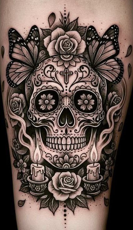 Black and grey sugar skull tattoo featuring roses, butterflies, a cross, and two lit candles.