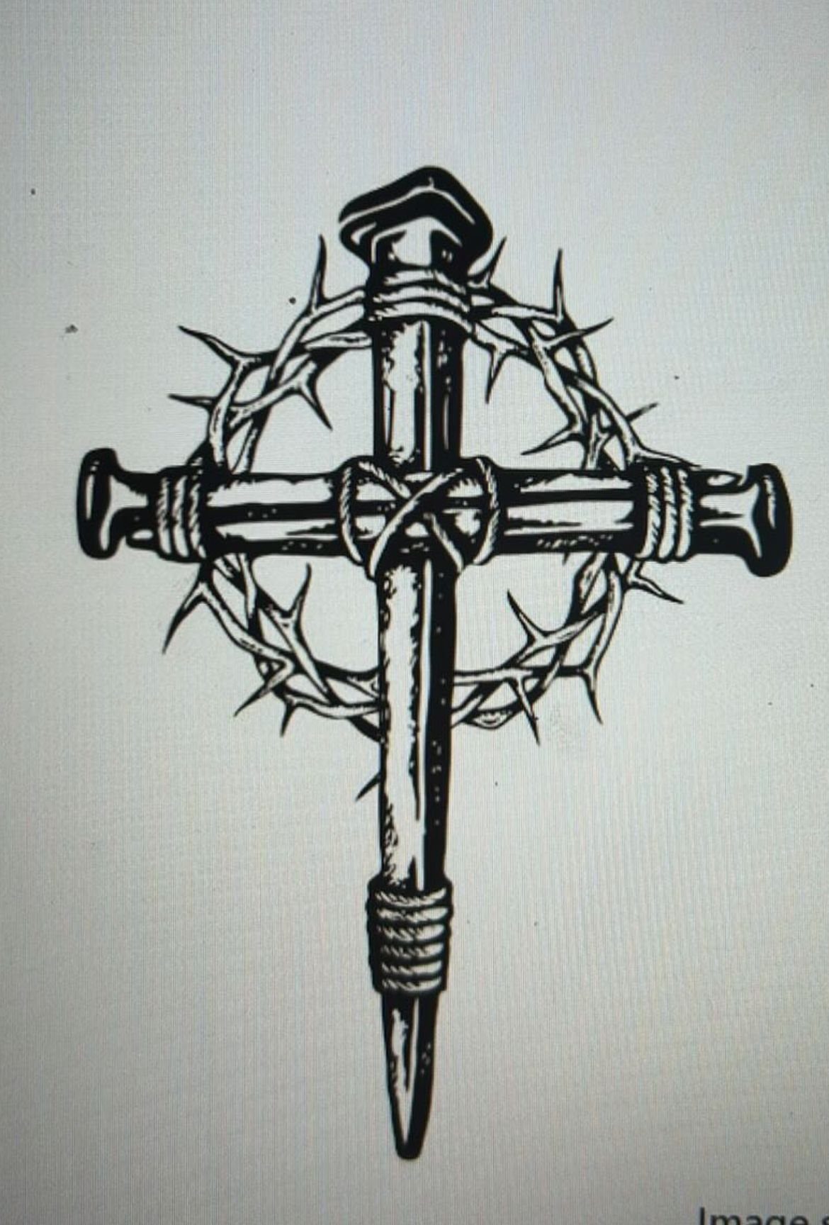 A black ink drawing of a cross made from nails surrounded by a crown of thorns.