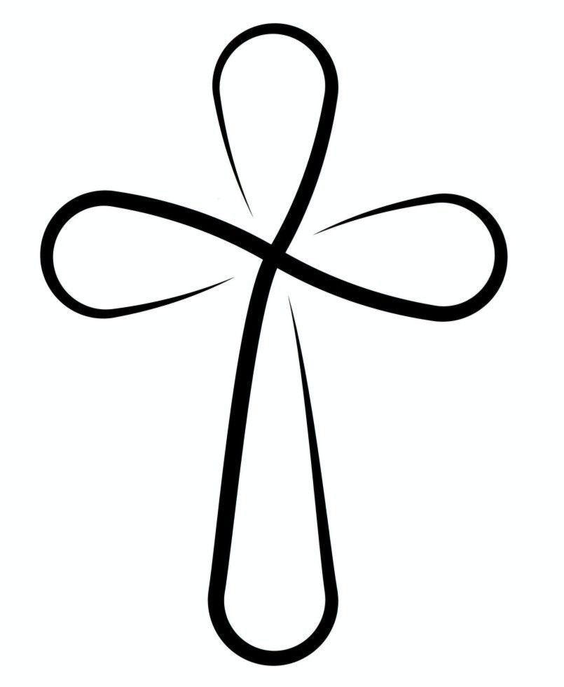 A minimalist black line drawing of a stylized, looping cross on a white background.