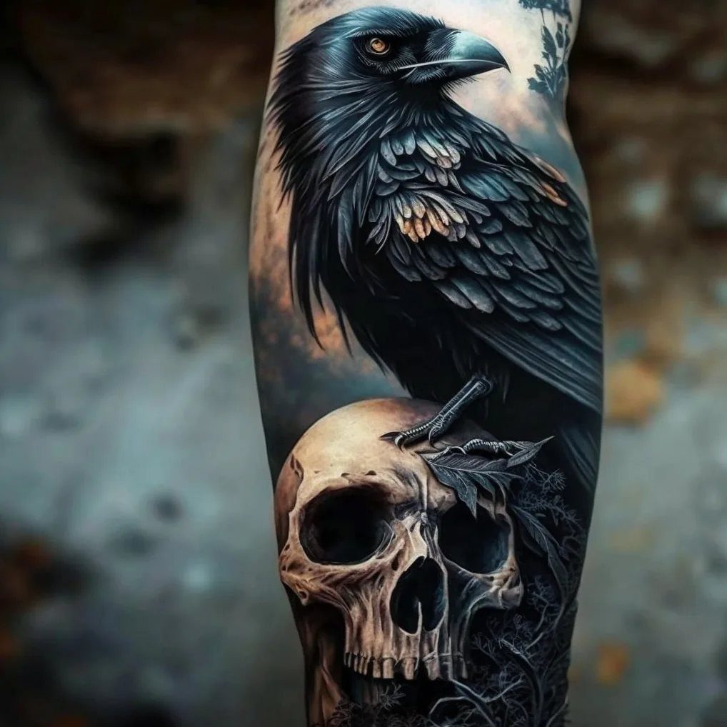 8 Tattoo Pattern Gothic Ideas: From Crows to Cathedral Arches 1 A detailed black and grey tattoo of a crow perched on a human skull.