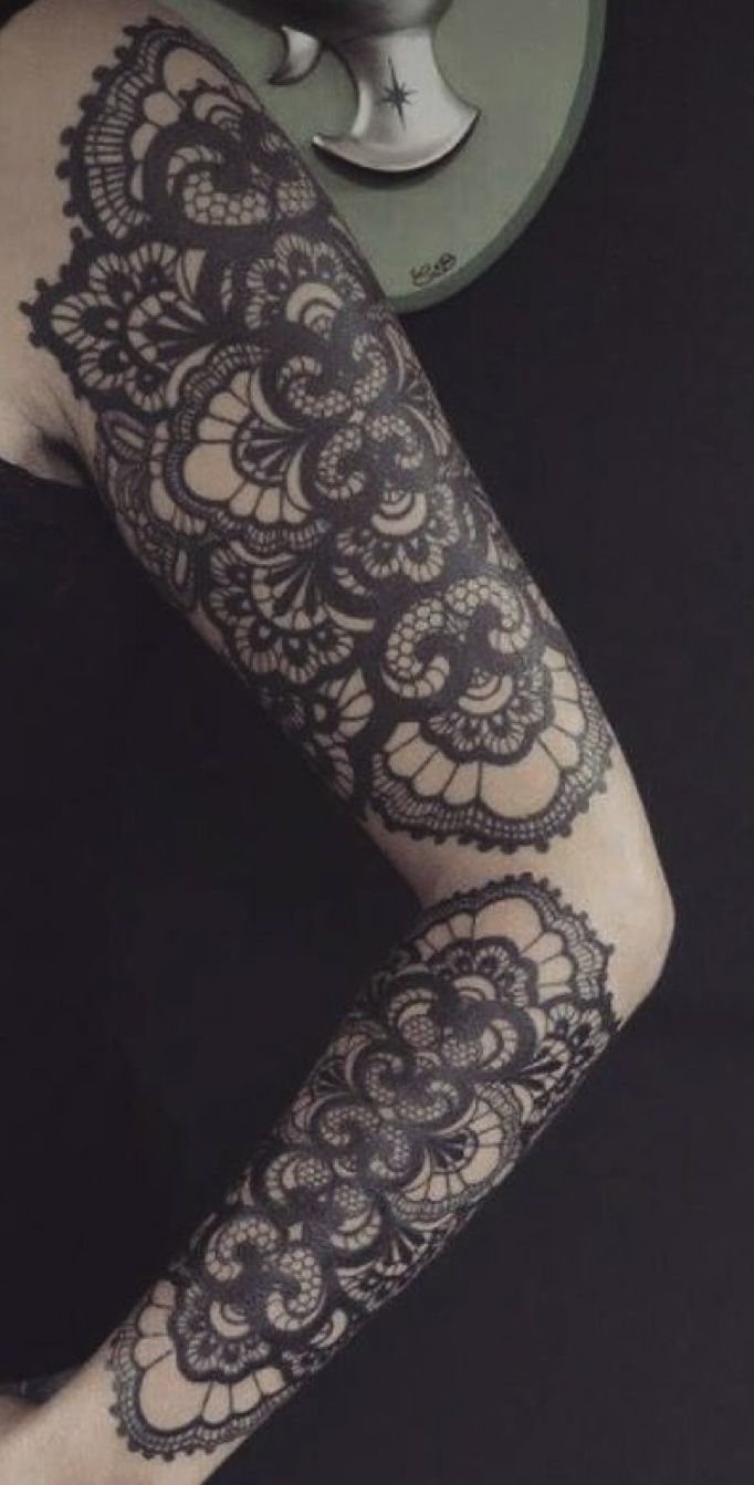 8 Tattoo Pattern Gothic Ideas: From Crows to Cathedral Arches 8 Intricate black lace pattern tattoo covering a person's arm with floral and scalloped details.