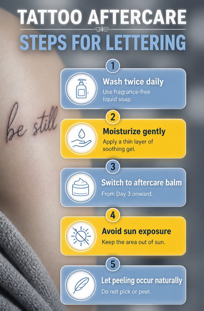 An infographic detailing aftercare steps for lettering tattoos.