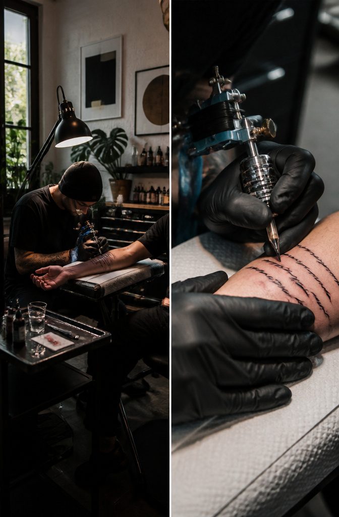 An artist working on a lettering tattoo.