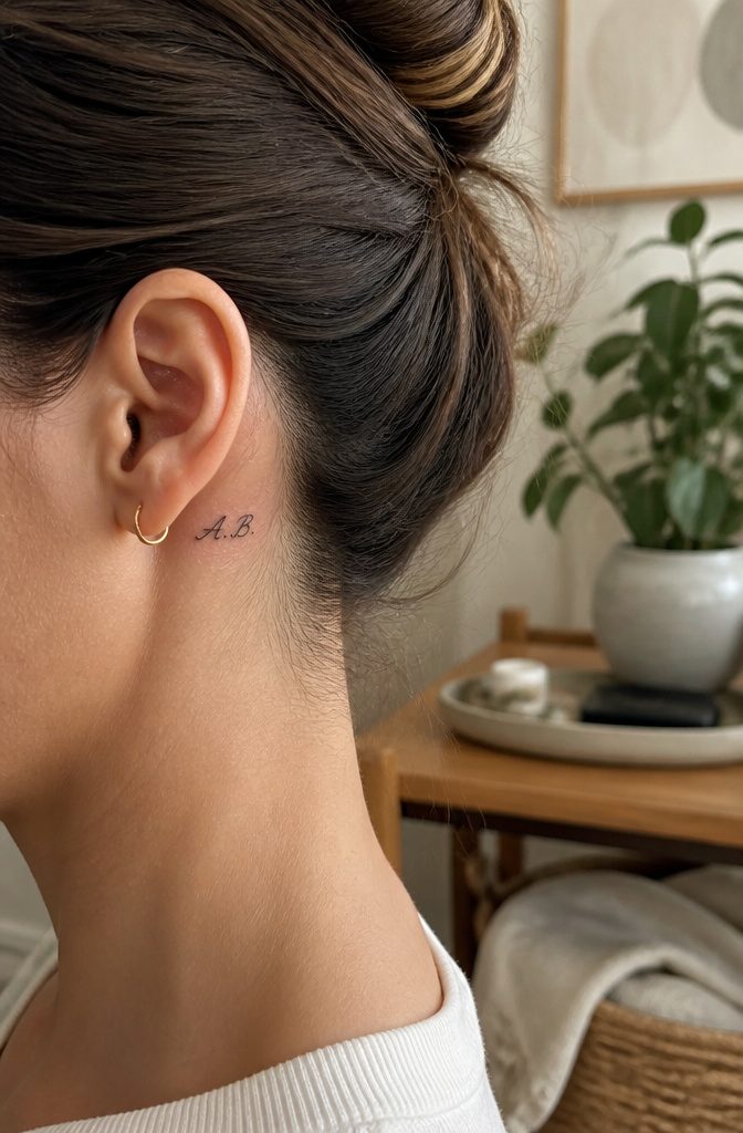 A tattoo of initials 'A.B.' behind the ear.