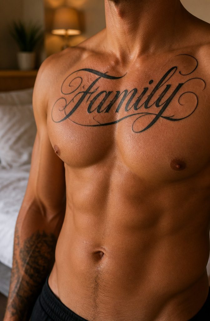 A tattoo with the word 'Family' across the chest.