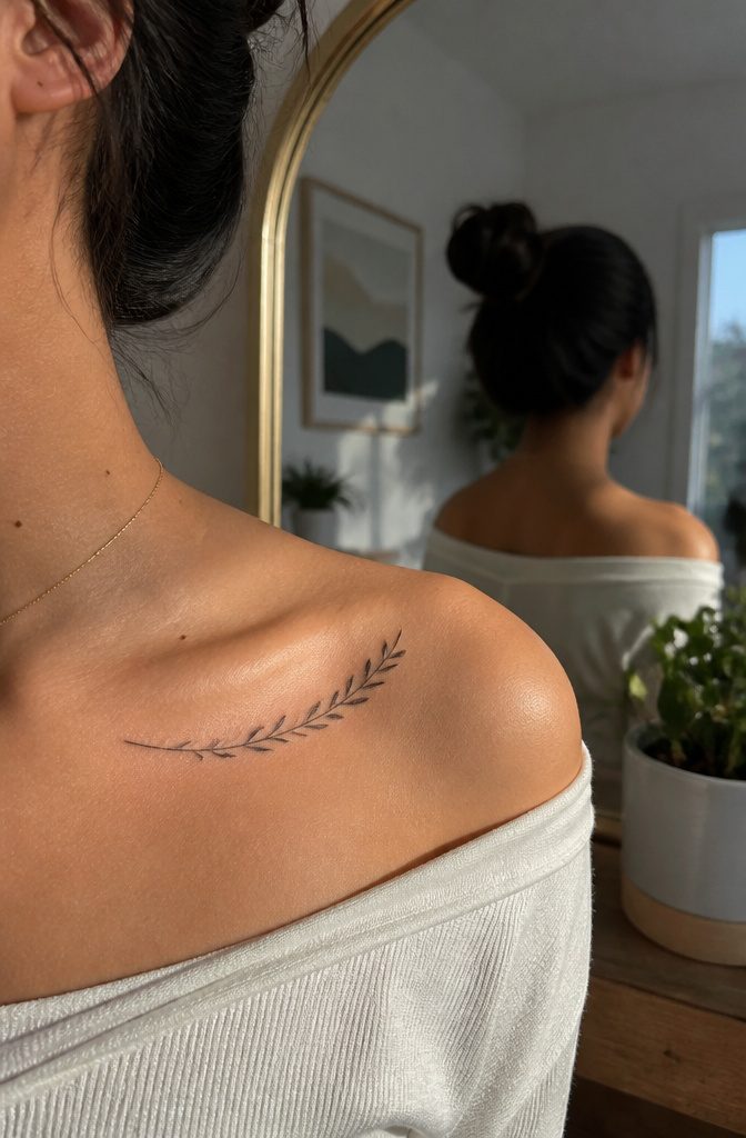 A tattoo of a short phrase on the collarbone.